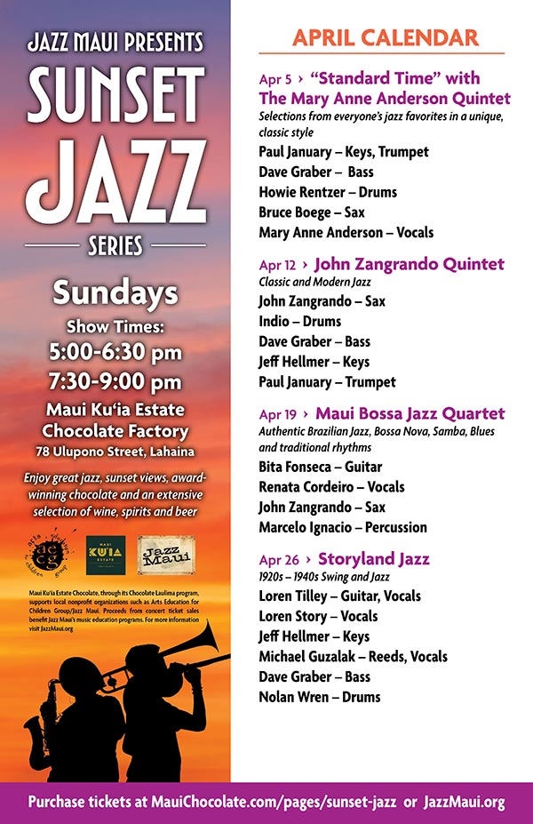 Jazz Maui Presents: Sunset Jazz Series April 2026 Schedule of Events