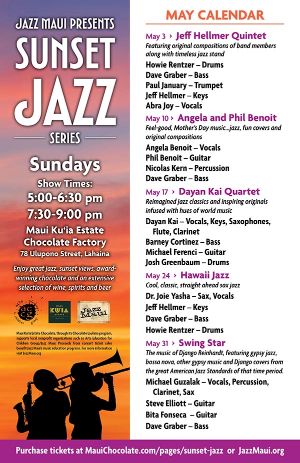 Jazz Maui Presents: Sunset Jazz Series May 2026 Schedule of Events