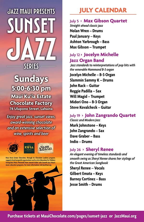 Jazz Maui Presents: Sunset Jazz Series Julu 2026 Schedule of Events