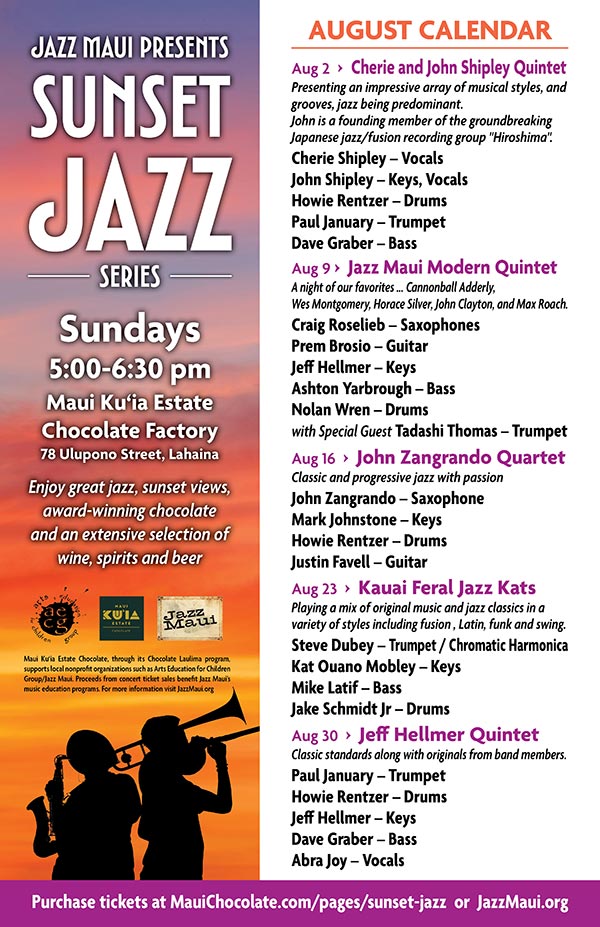 Jazz Maui Presents: Sunset Jazz Series August 2026 Schedule of Events